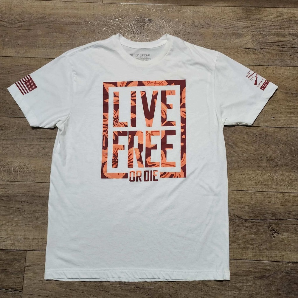 Grunt Style Mens XL Live Free Or Die Graphic White T-Shirt Patriotic Floral‎ Tee